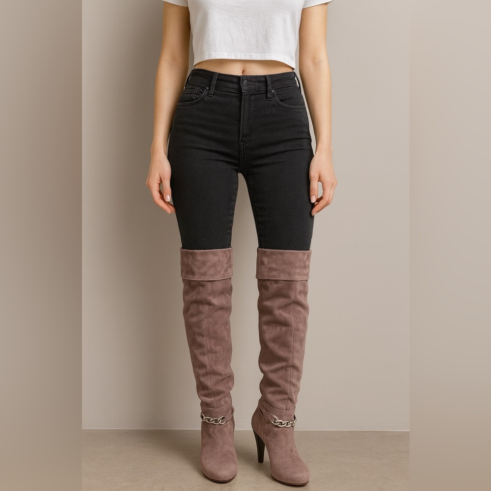 Coach taupe Aida unbuckle knee high boots with chain detail